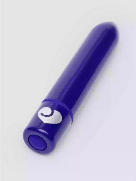 Purple cylindrical object with a white logo on a light gray background