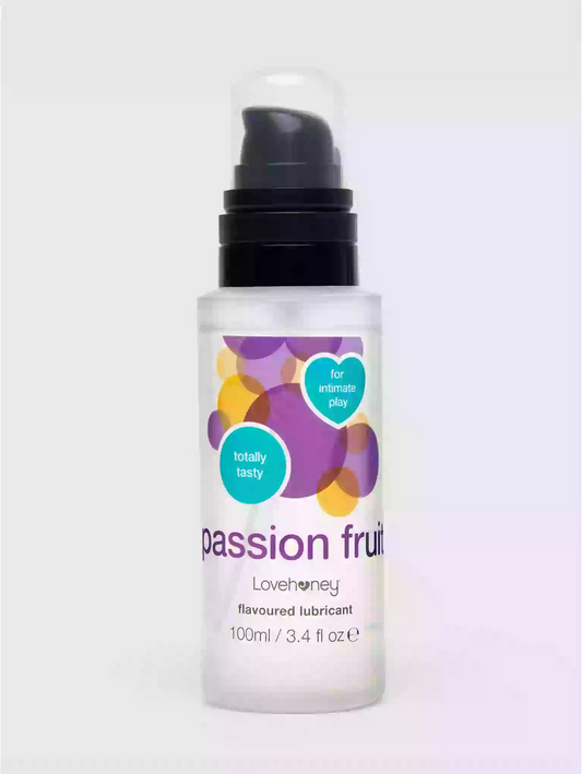 Lubricant bottle labeled 'passion fruit' by Lovemoney on a white background