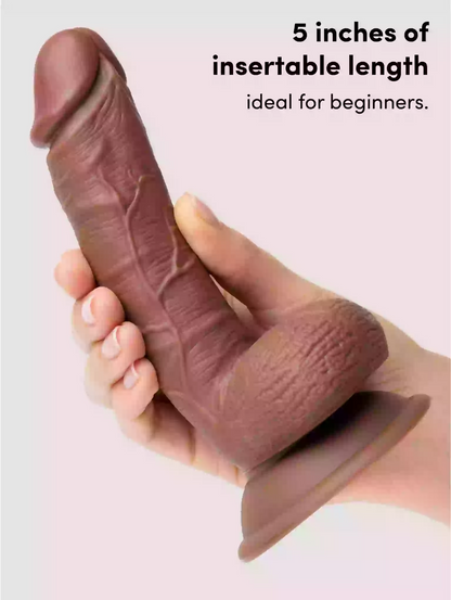 Hand holding a product with text indicating '5 inches of insertable length ideal for beginners' on a light background