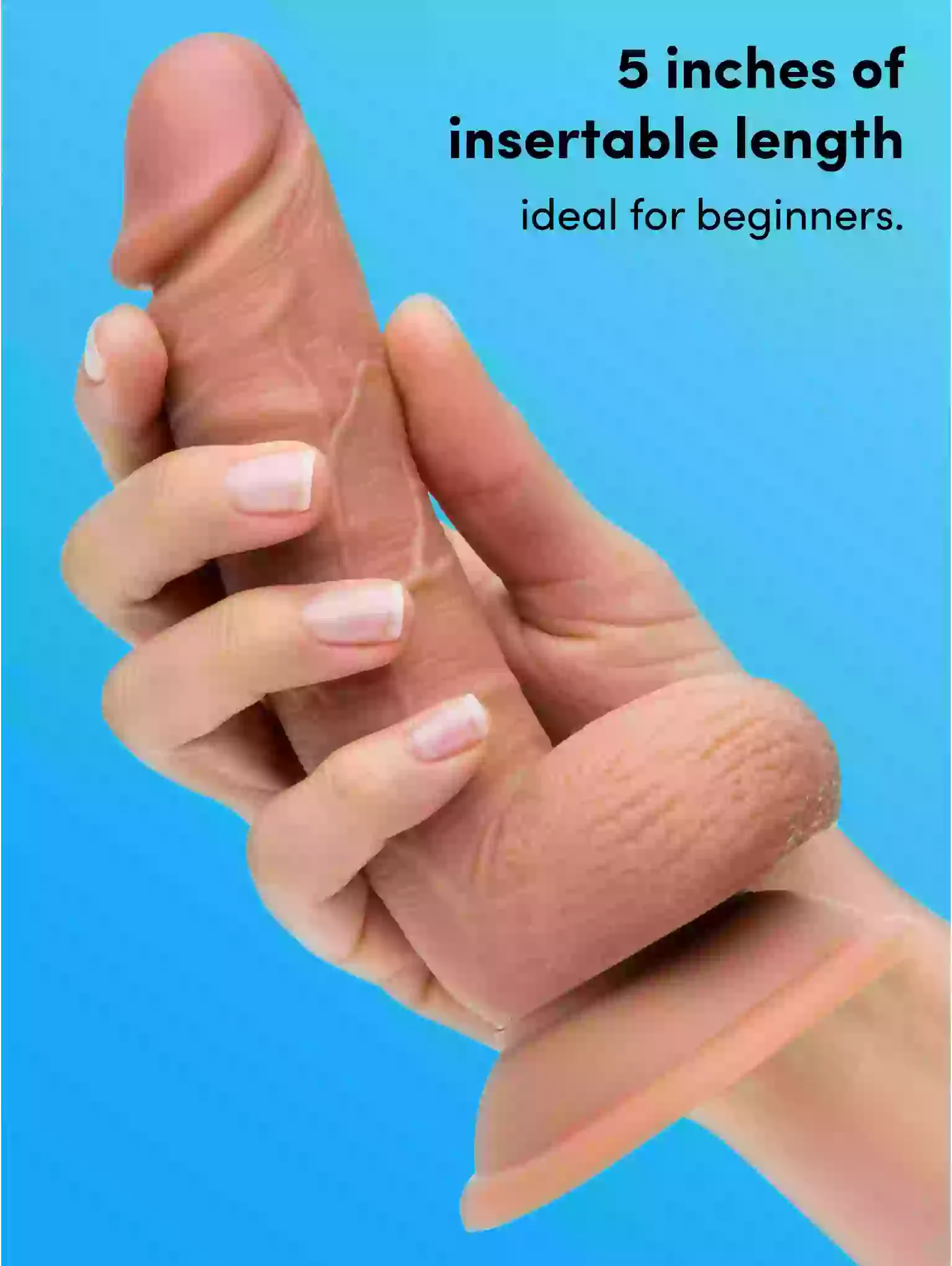 Hand holding a cylindrical object with text about insertable length on a blue background