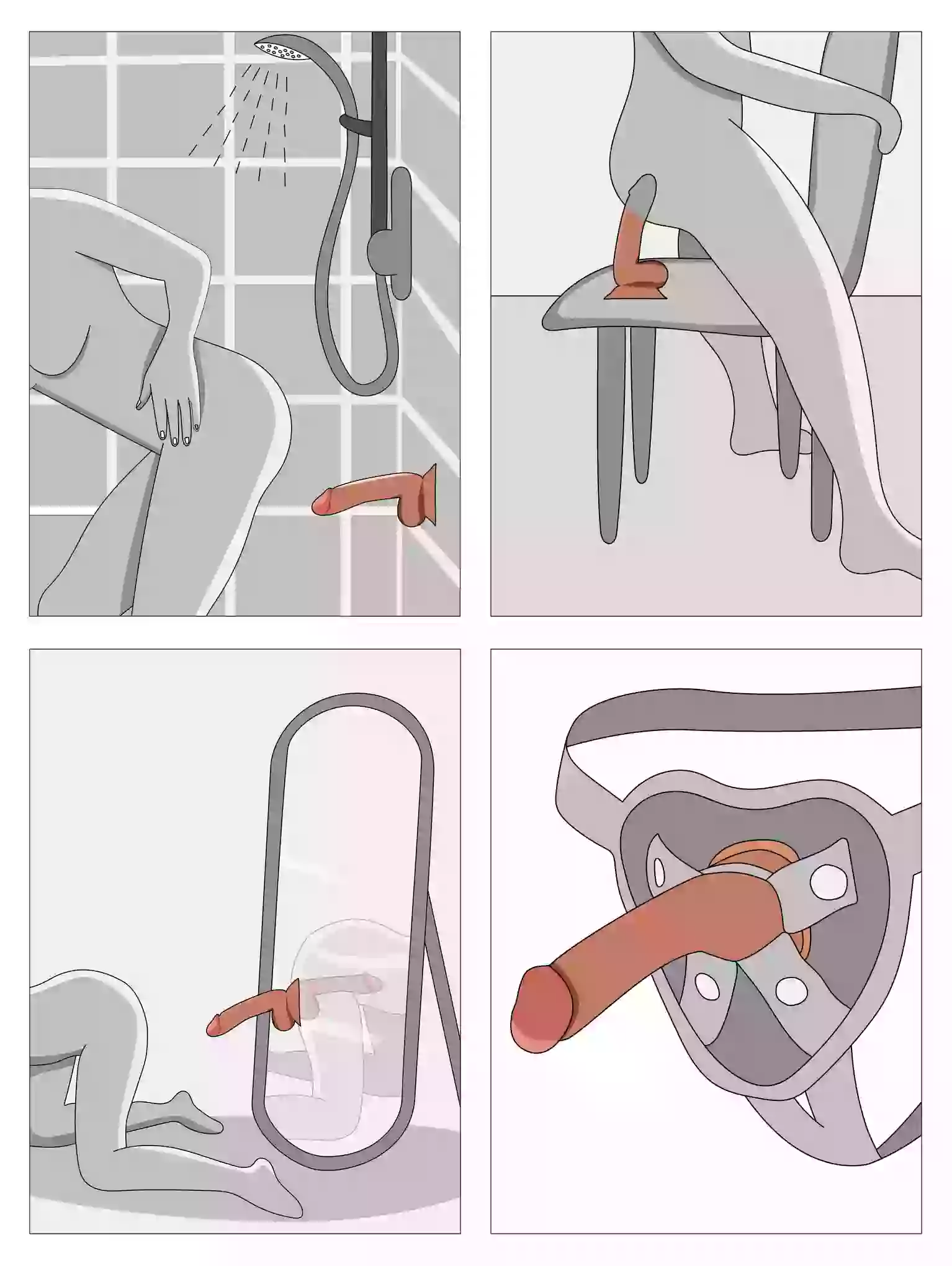 Cartoon illustration of a shower head and hose with a humorous depiction of use.