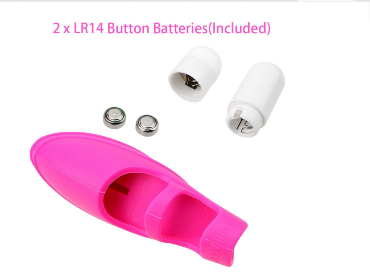 Pink and white device with two LR14 button batteries on a white background