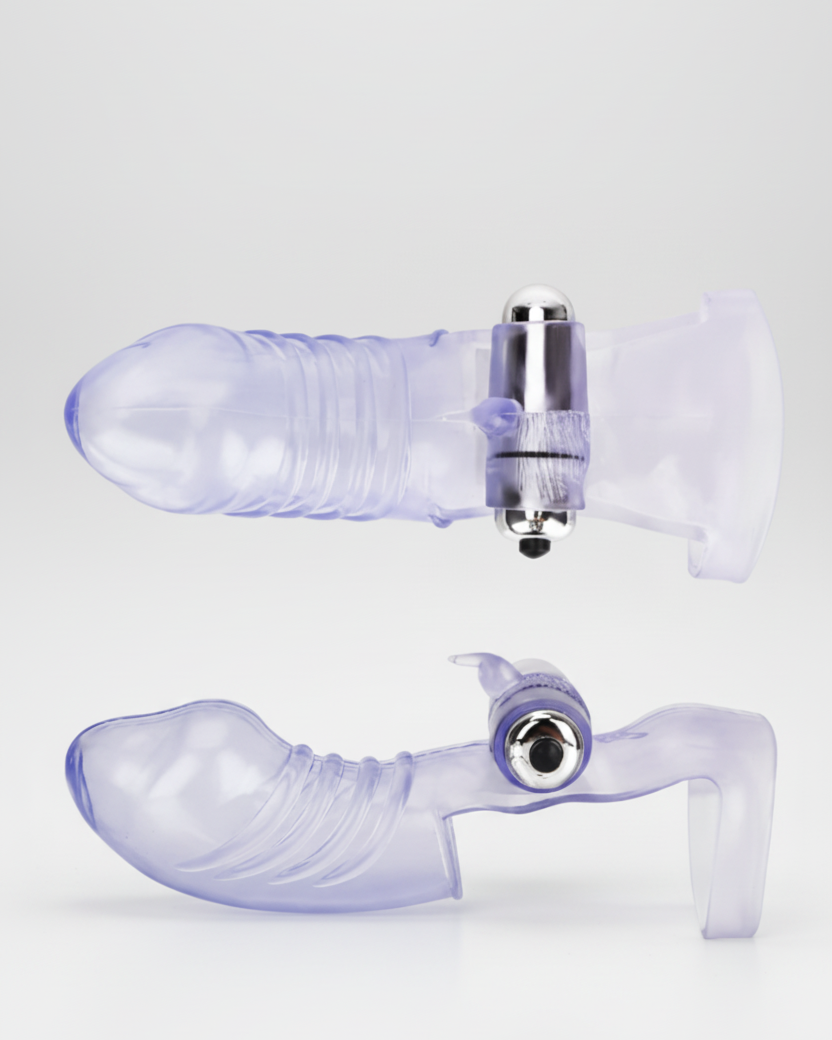 Transparent silicone product with metallic components on a white background