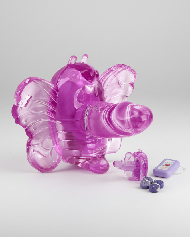 Pink butterfly-shaped toy with additional components on a light gray background