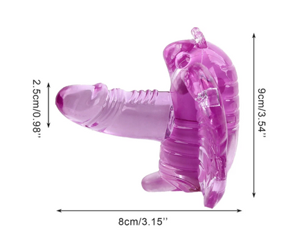 Purple plastic tool with dimensions indicated on a white background