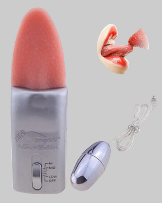 Vibrating lip product with control panel and additional component on a gray background
