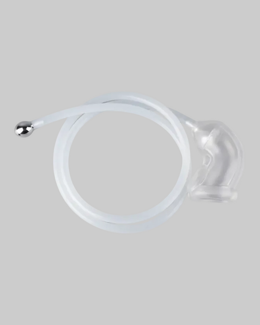 Clear silicone tube with a metal fitting on a gray background