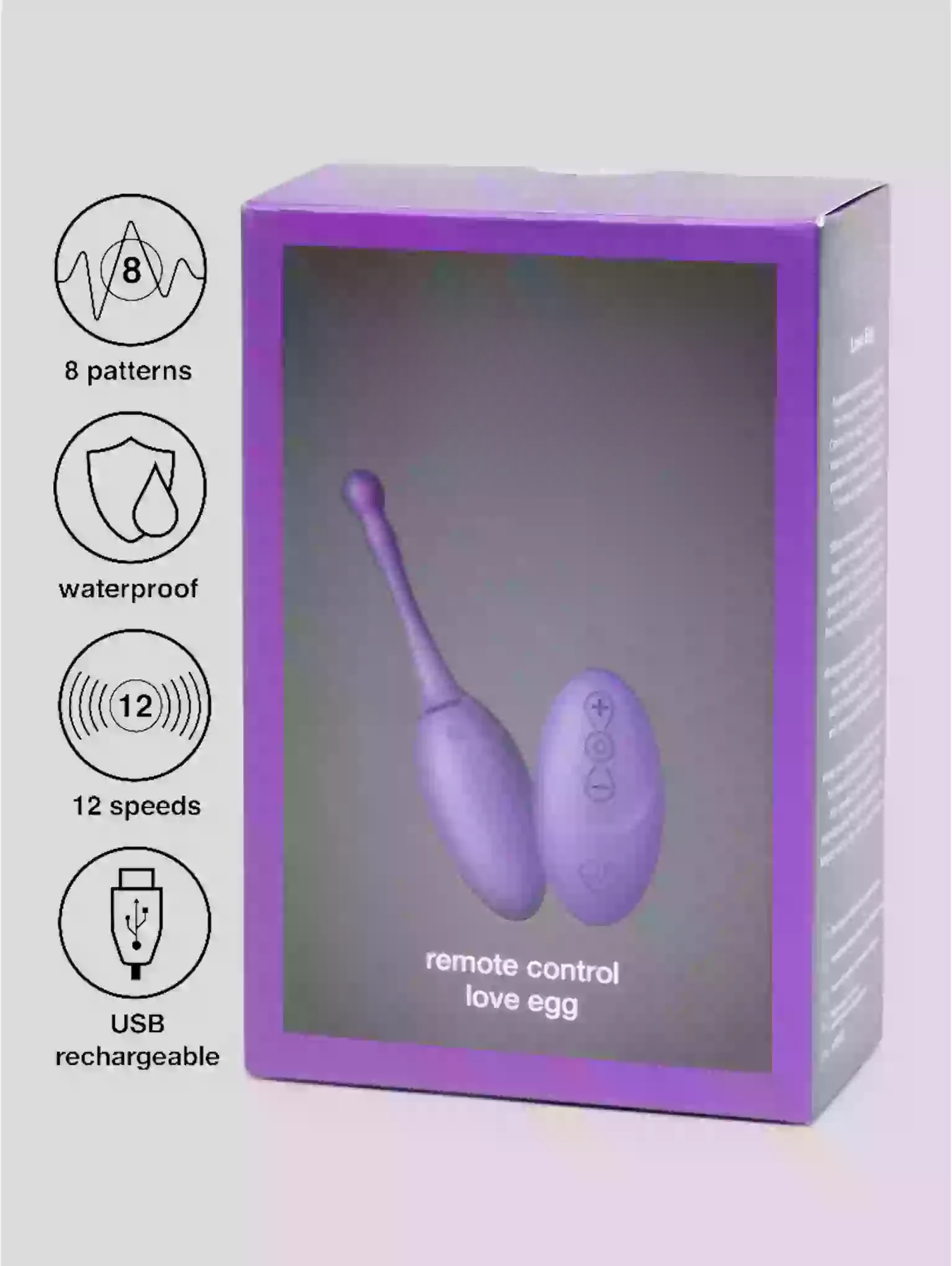 Purple packaging of a remote control love egg with features listed on a light gray background