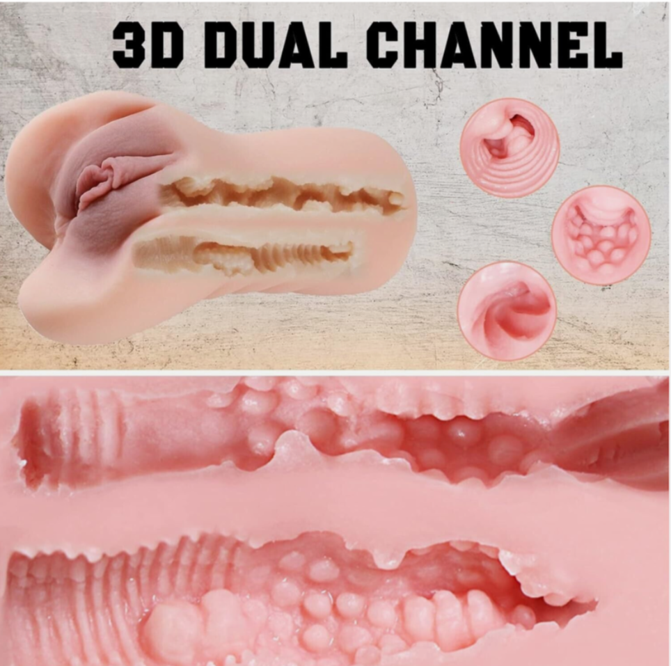 Illustration of a 3D dual channel design with close-up details on a textured background.