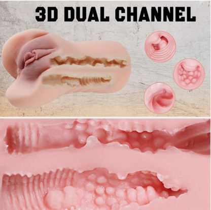 Illustration of a 3D dual channel design with close-up details on a textured background.
