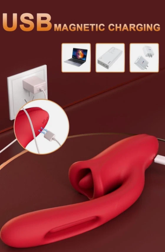 Red USB magnetic charging device on a brown background with text and icons.