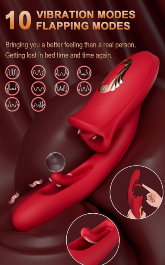 Red sex toy with vibration and flapping modes on a dark background