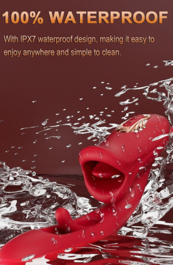 Red waterproof device with water splashes on a brown background