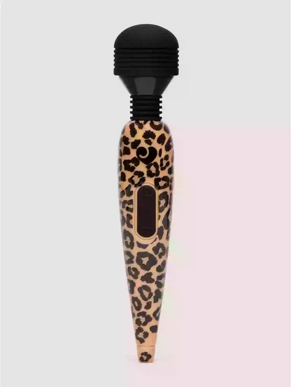 Handheld massager with leopard print design on a light gradient background