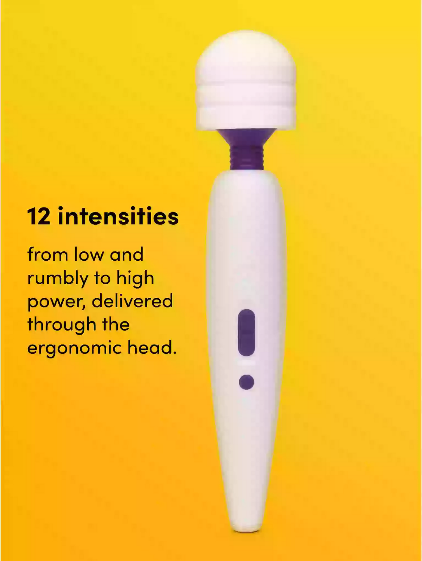 White and purple electronic device on a yellow background with text about intensity levels.