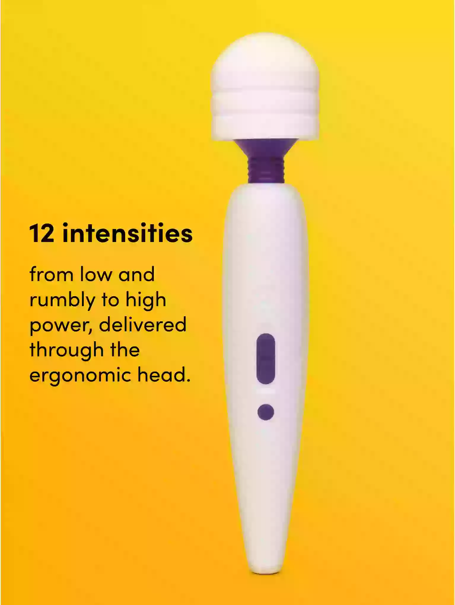 White and purple electronic device on a yellow background with text about intensity levels.