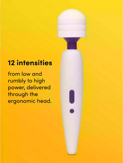 White and purple electronic device on a yellow background with text about intensity levels.