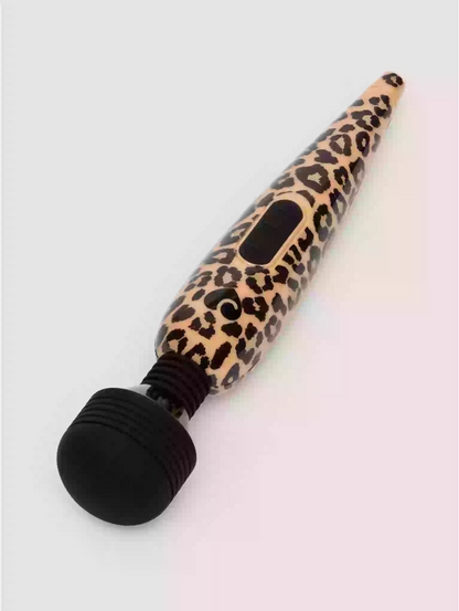 Leopard print handheld massager on a light gray background