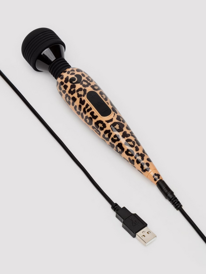 Leopard print hair straightener with USB cable on a white background