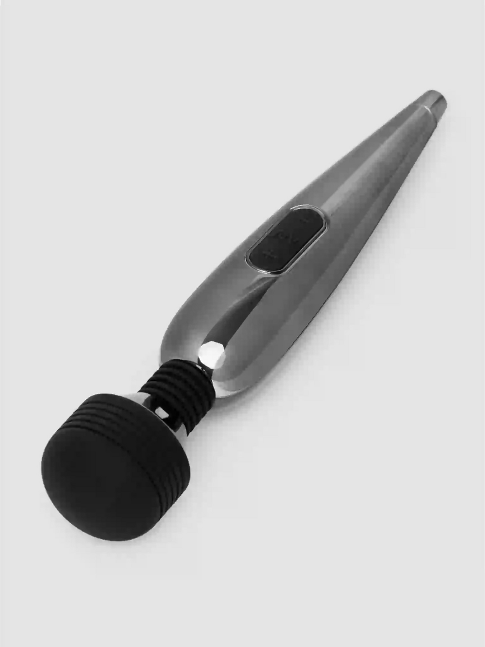 Metallic bottle stopper with black rubber end on a light gray background