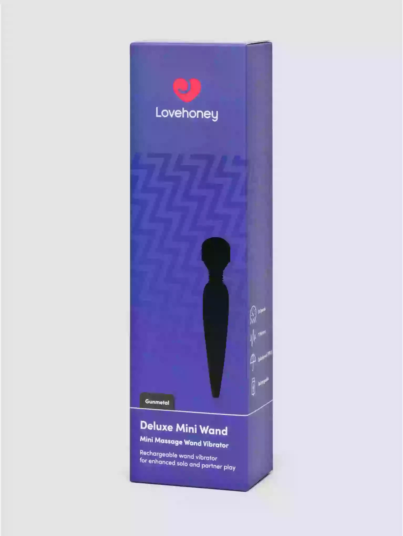 Purple packaging of Lovehoney Deluxe Mini Wand on a white background
