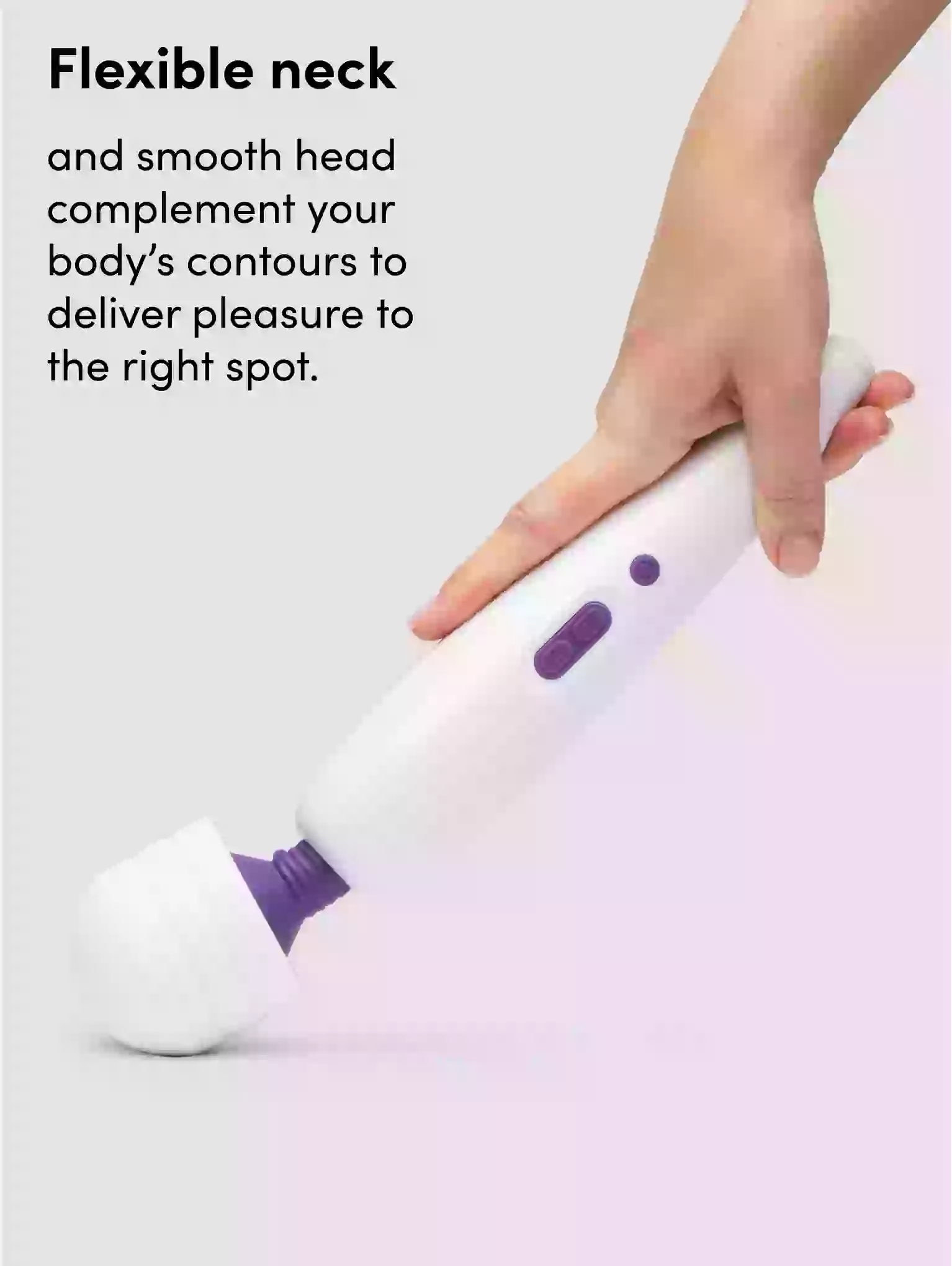 Hand holding a white and purple device with text about flexible neck and smooth head.