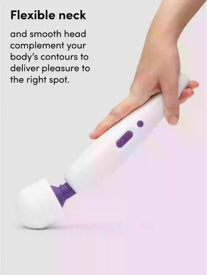 Hand holding a white and purple device with text about flexible neck and smooth head.