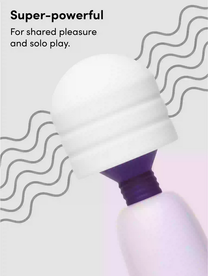 White and purple device with wavy lines on a light gray background, labeled 'Super-powerful' for shared pleasure and solo play.