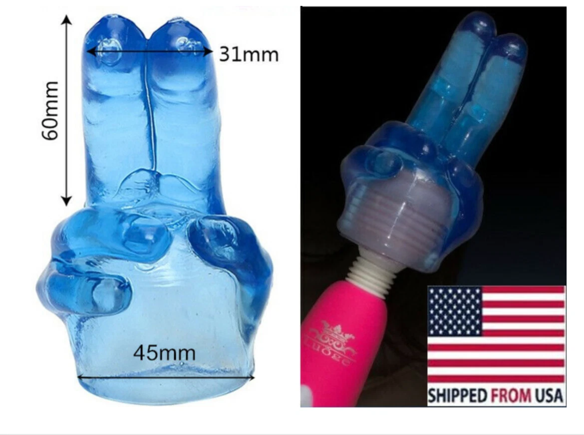 Blue hand-shaped product with measurements and a pink and white tool with an American flag label.
