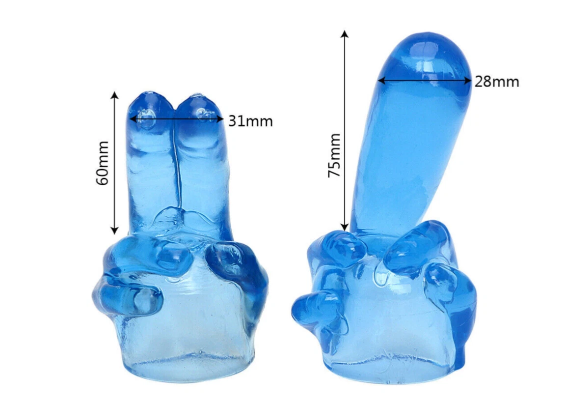 Blue hand-shaped object with measurements on a white background