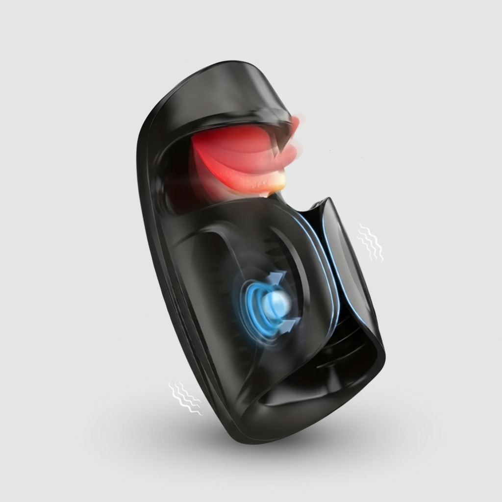 Black electronic device with red and blue lights on a gray background
