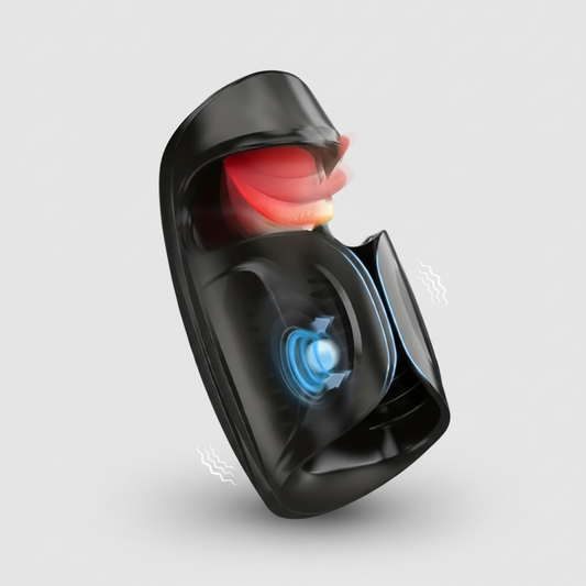 Black electronic device with red and blue lights on a gray background