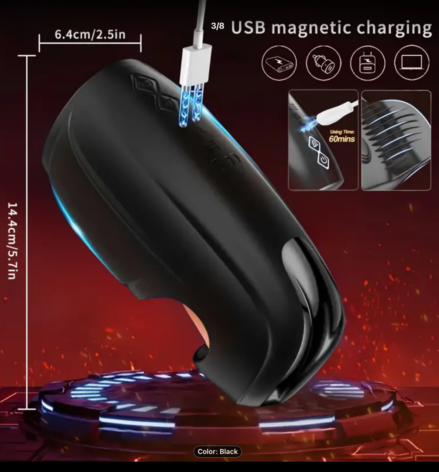 Black electronic device with USB magnetic charging feature on a dark background