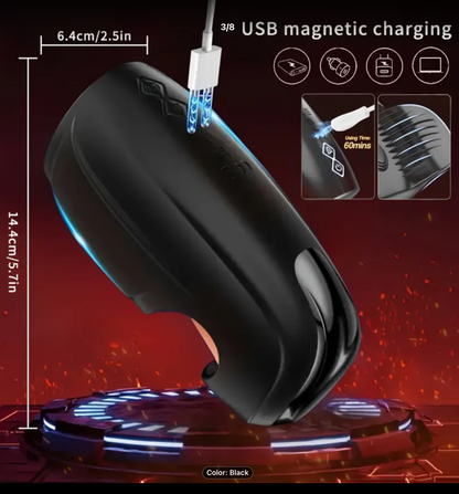 Black electronic device with USB magnetic charging feature on a dark background