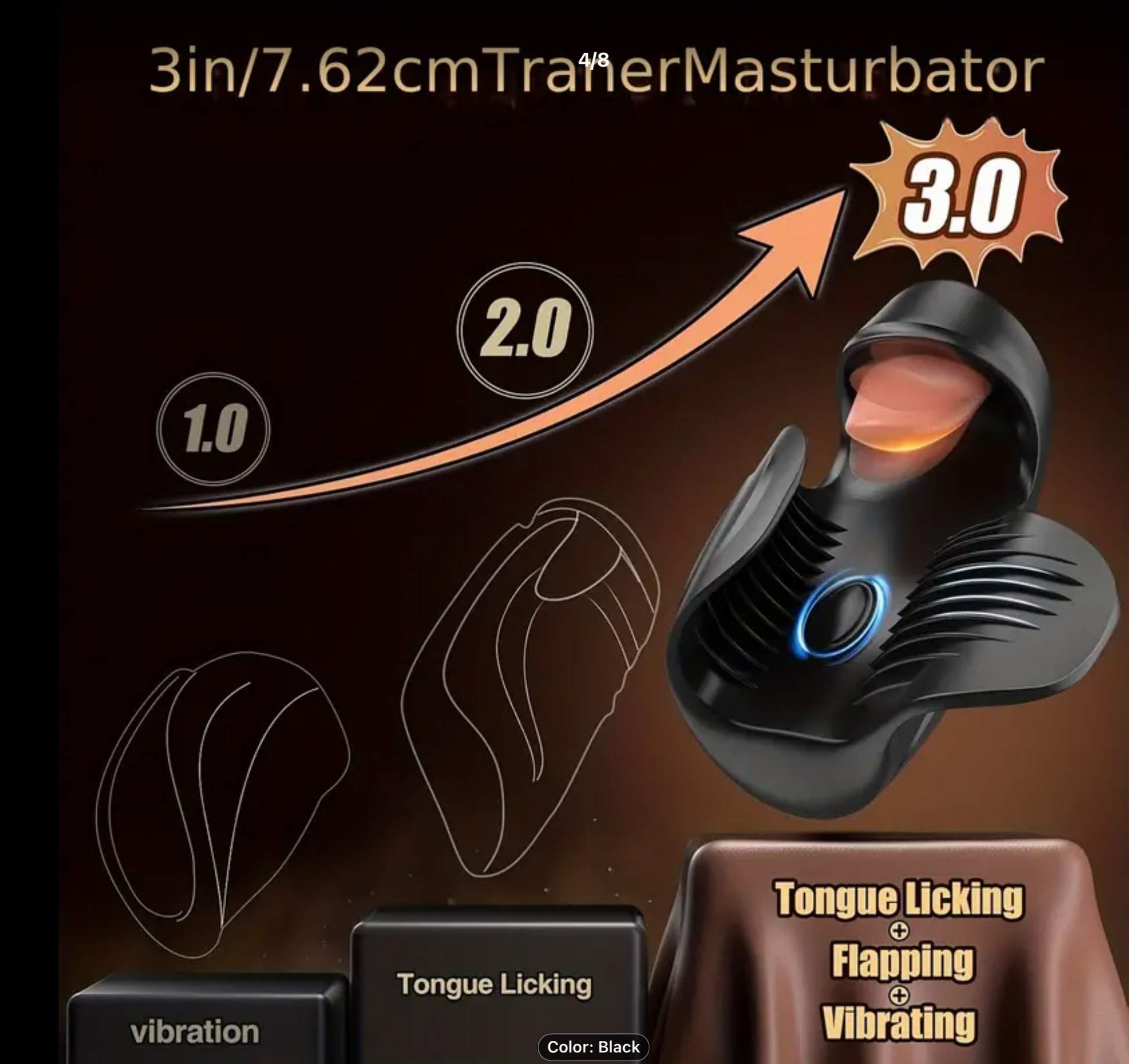 Masturbator product with features and specifications on a dark background
