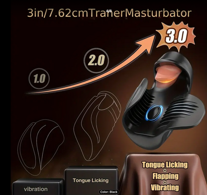 Masturbator product with features and specifications on a dark background