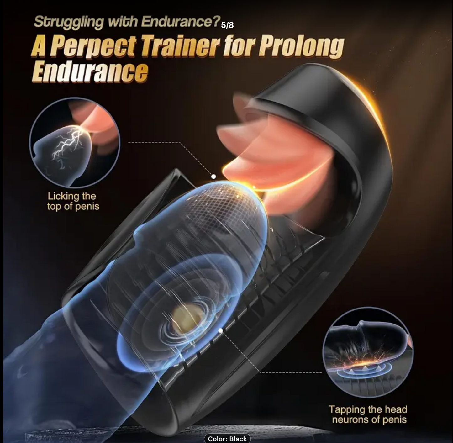Product advertisement with text about endurance and a close-up of a hand interacting with it.