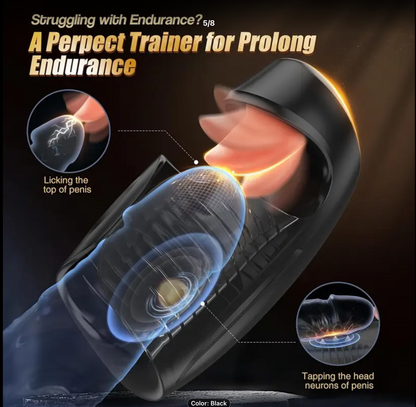 Product advertisement with text about endurance and a close-up of a hand interacting with it.