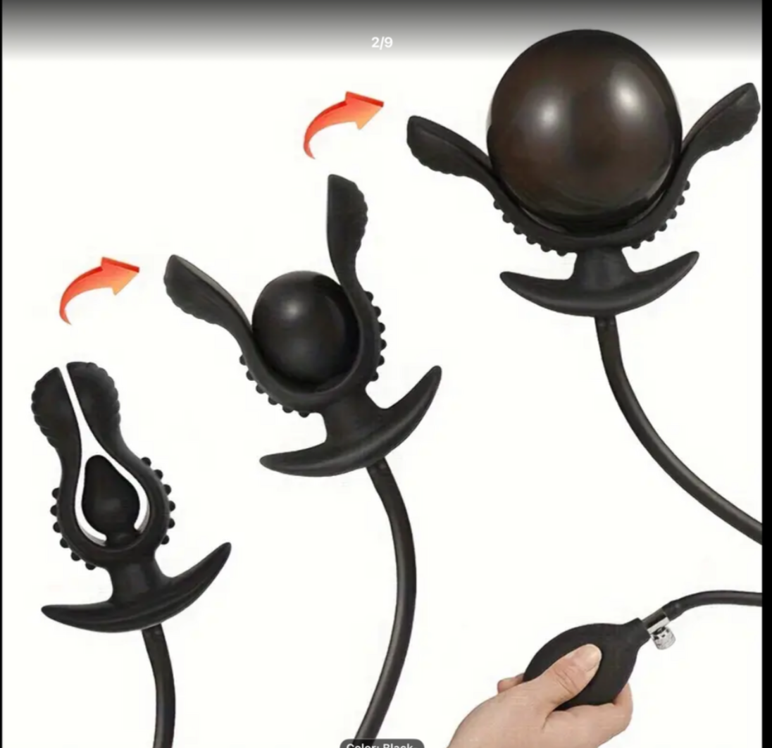 Black inflatable flower with a hand holding a pump on a white background