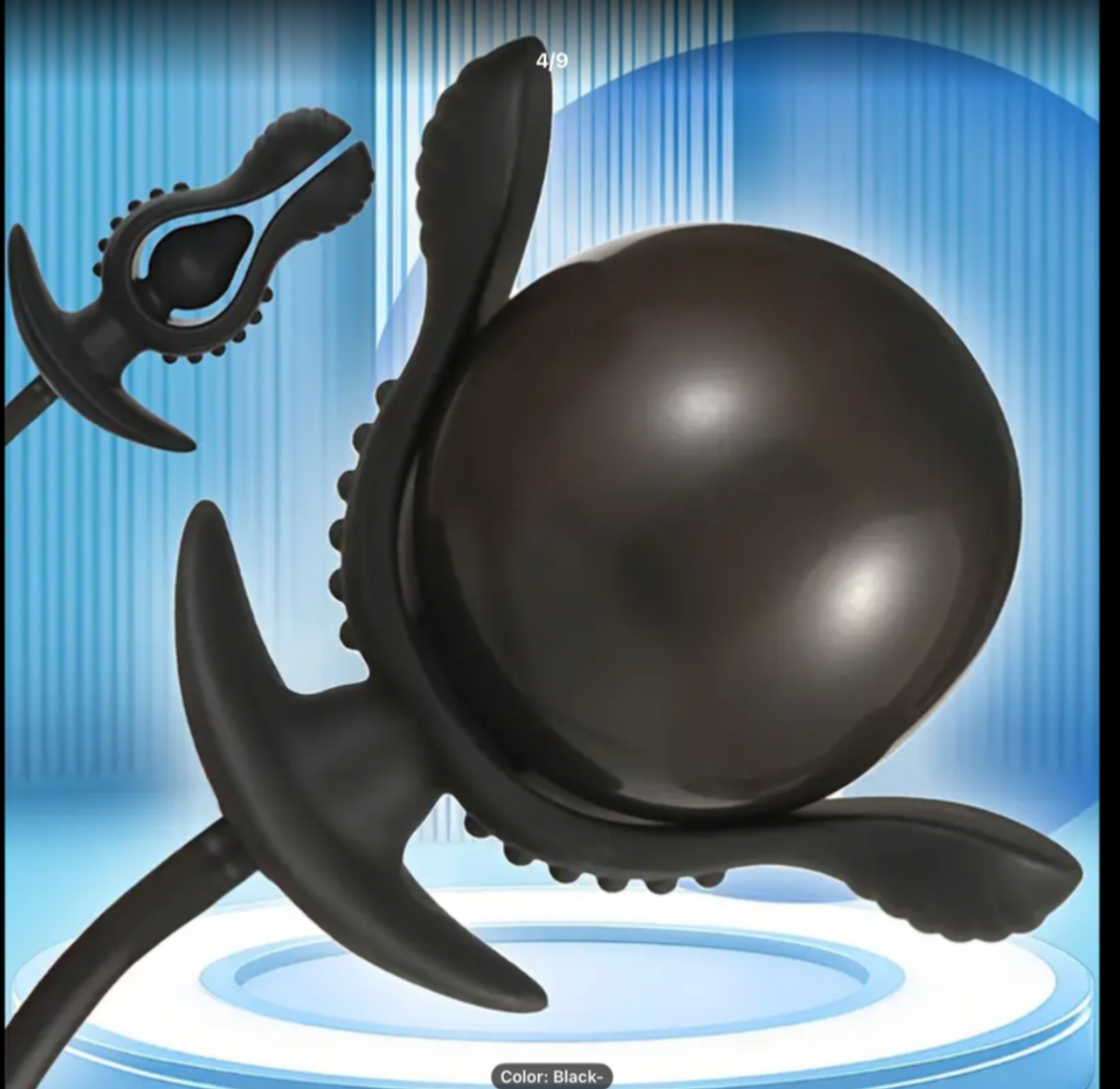 Black spherical object with mechanical design on a blue background