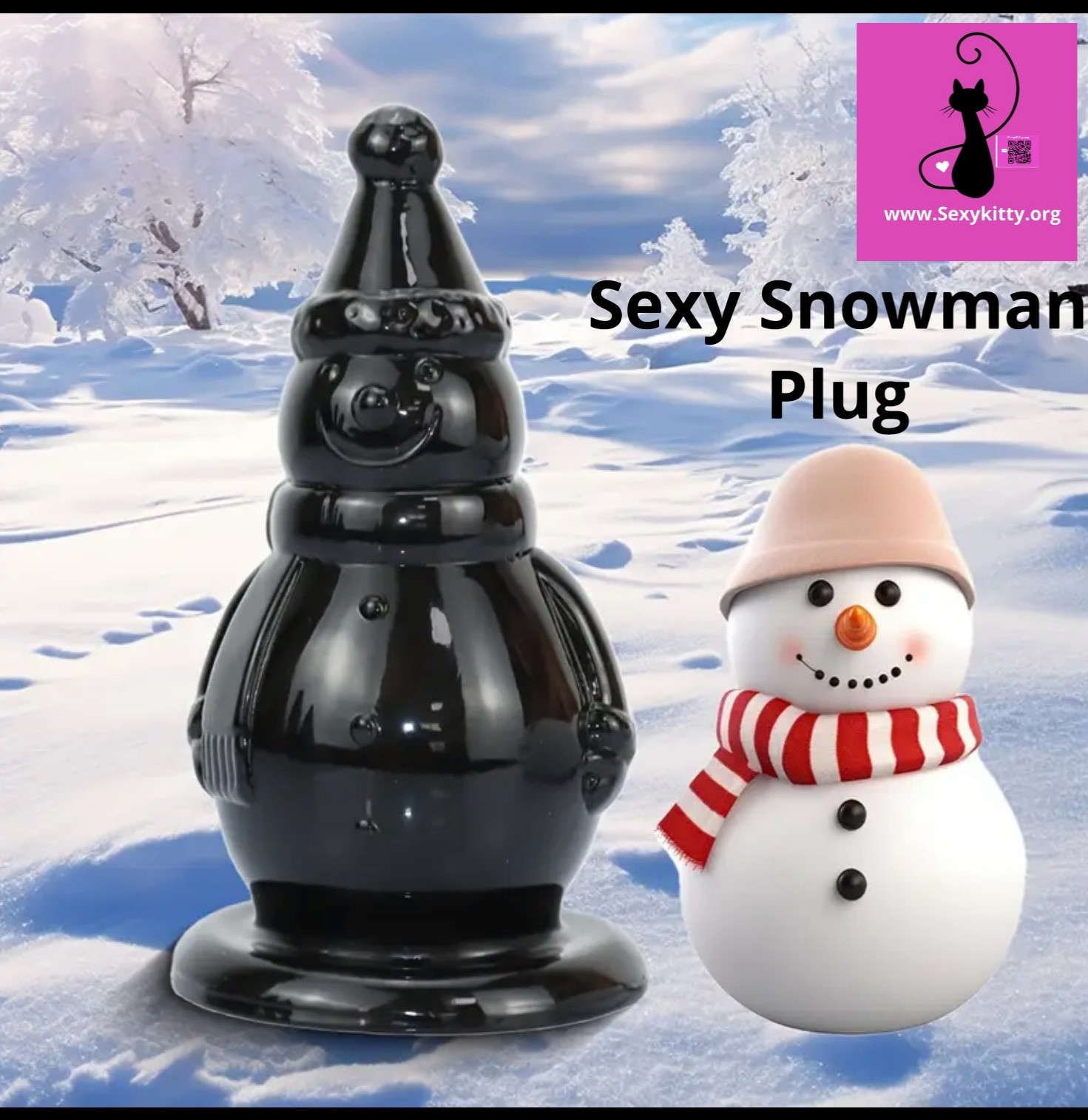Black plug and snowman figure with scarf against a snowy background, featuring the 'Sexy Kitty' logo.