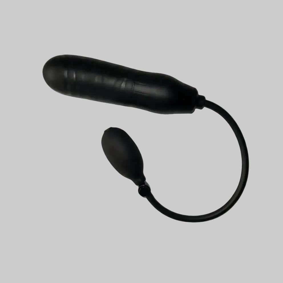 Black inflatable device on a gray background