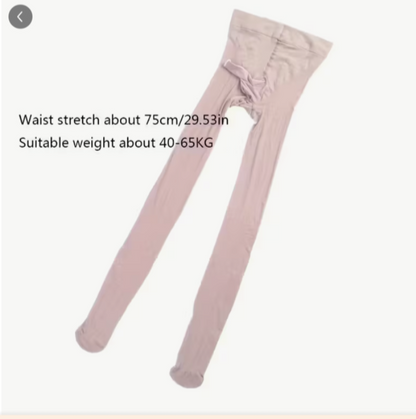 Pink tights on a white background with text about waist stretch and weight suitability.