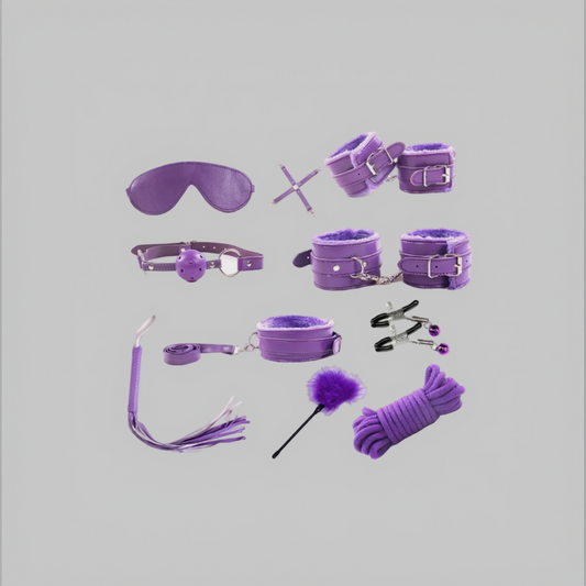Purple restraining device set on a gray background