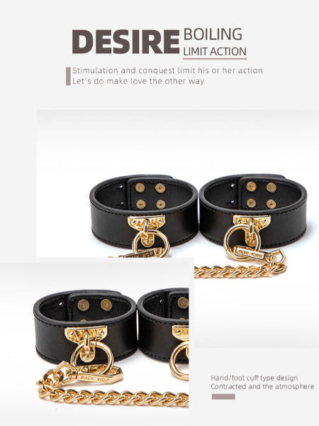 Black leather cuffs with gold hardware on a white background