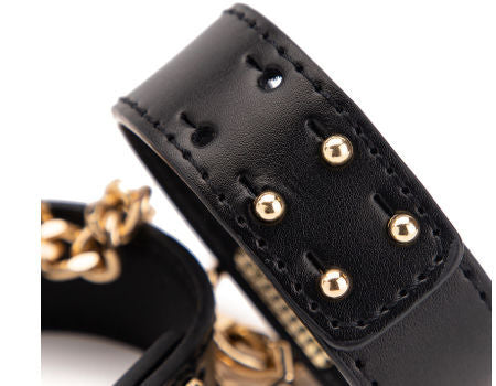 Black leather strap with gold studs and chain on a white background