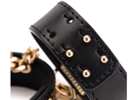 Black leather strap with gold studs and chain on a white background