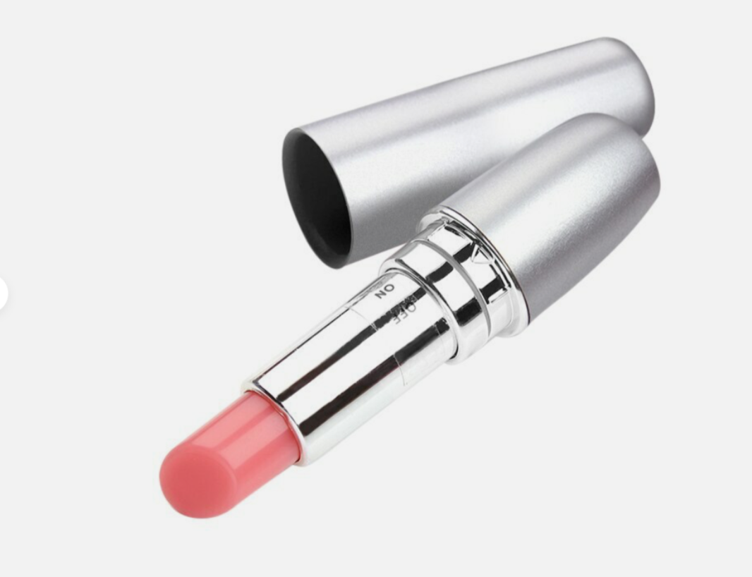 Pink lipstick with silver casing on a white background