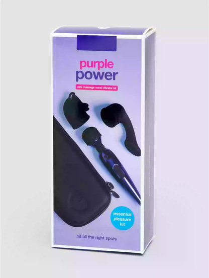 Product packaging with massage wand and remote labeled 'Purple Power' on a light gray background.
