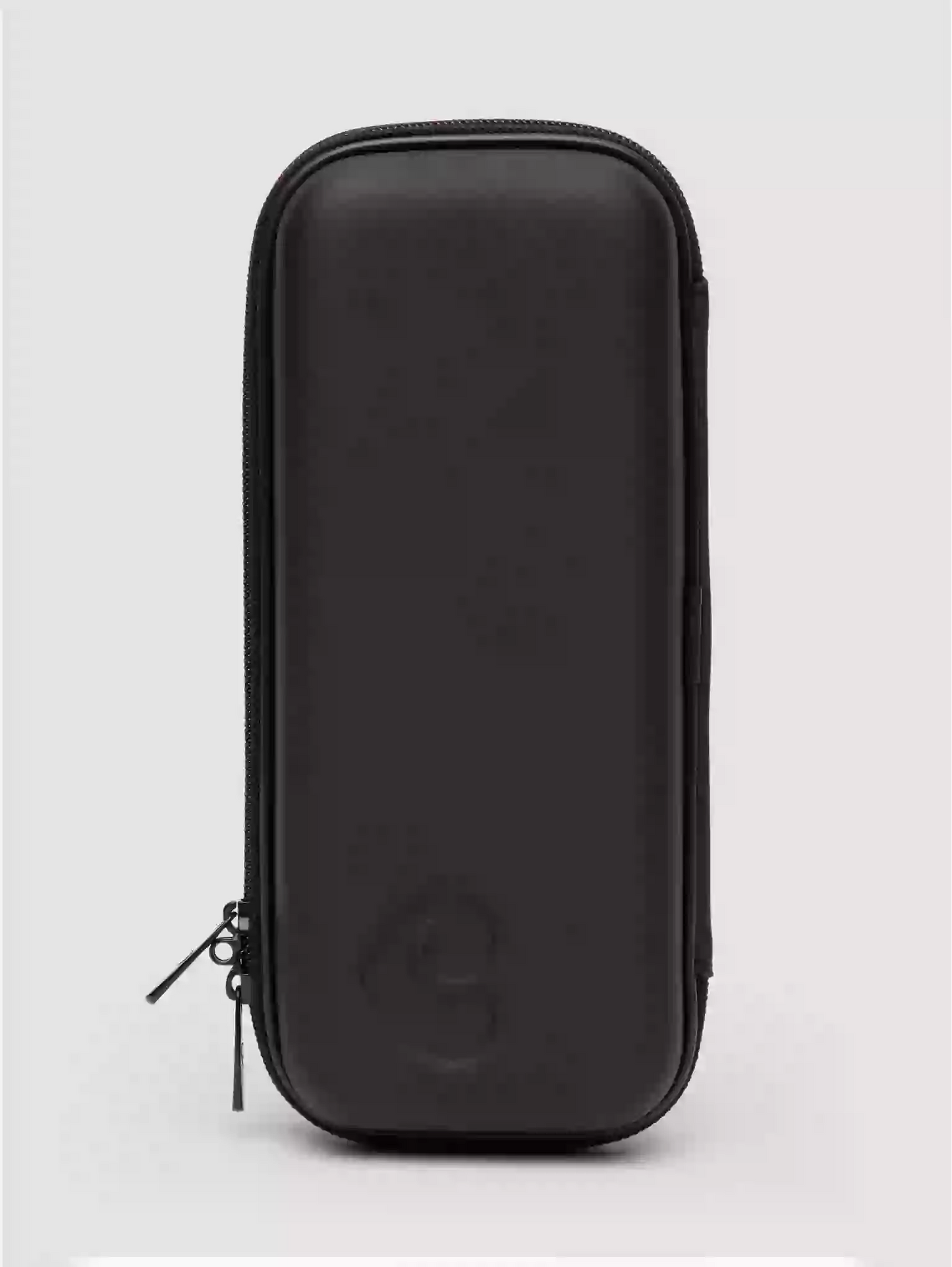 Black zippered case on a light gray background